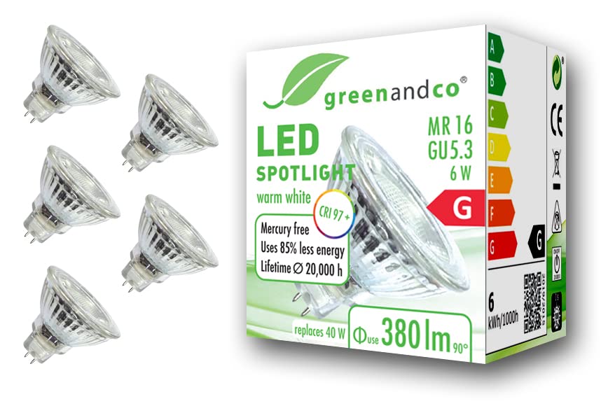 greenandco® CRI 97+ 2700K 36° LED spot Replaces 40 Watt GU5.3 MR16 Halogen Spotlight, 6W 380 Lumen Warm White 12V AC/DC, not dimmable, 5-Pack