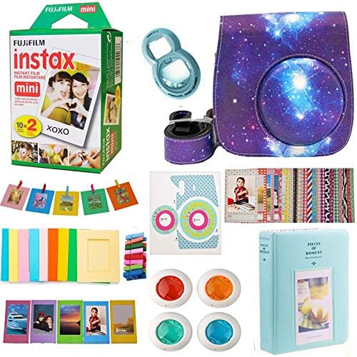 Fujifilm Instax Mini Instant Film (Twin Packs 20 Pictures) + Galaxy Case, Selfie Lens, Colored Filters, Frames, Stickers and More Accessories Bundle for Mini 9 8 7 Blue Camera