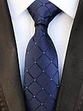 Men's Classic Navy Blue Plaid Tie Check Striped Silk Woven Jacquard Necktie + Gift Box