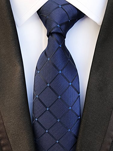 Men's Classic Navy Blue Plaid Tie Check Striped Silk Woven Jacquard Necktie + Gift Box