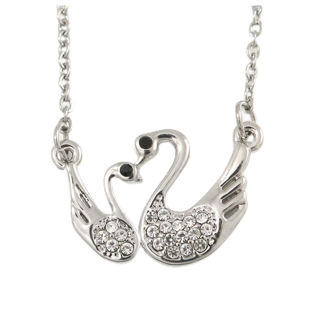 Avalaya Delicate Clear Crystal Double Swan Pendant With Silver Tone Chain/ 42cm L/ 5cm Ext