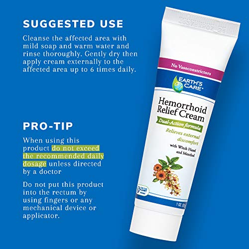 Earth's Care Hemorrhoid Cream Treatment for Hemorrhoid Relief 1 OZ