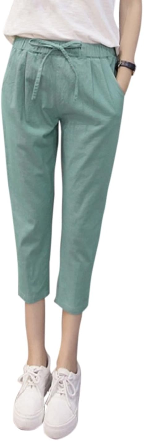 Amazon Formanism カジュアル キレイ 綿 七分丈 パンツ ウエスト 紐 ボトム レディース 全6色 M L グリーン L カプリ クロップトパンツ 通販