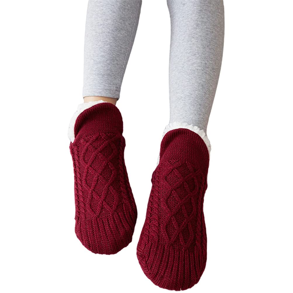KKPW Indoor Floor Non-Slip Thermal Socks, Hand-Woven Velvet Lined Slippers Socks, Women Slipper Fluffy Socks, Winter Home Indoor Floor Socks (26cm/Red)