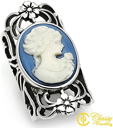 Classy Not Trashy Women's Fashion Jewelry Ring, Premium Grade Stainless Steel Blue Synthetic Stone Cameo Design Ring Size 9