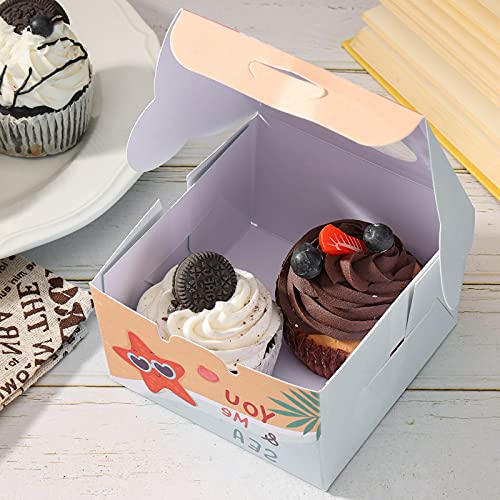 VGOODALL 14 PCS Summer Style Bakery Boxes Cupcake Containers with Window Cupcake Gift Boxes, 18M Linen Ribbon for Bakery Wrapping Party Favor Packing