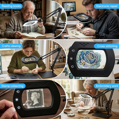Moko 15 x 30 x Magnifying Glass with Light and Stand, Table Lamp with Clamp, Search with 5 Colour Modes, Continuous Adjustable LED Light, Table Magnifying Glass for Work, Black