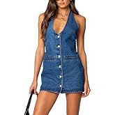 Women's Summer Sexy Backless Denim Dress Deep V-Neck Halter Mini Dress Sleeveless Button Down Jean Dresses with Pockets