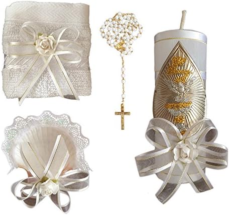 Baptism Kit Catholic Handmade includes Rosary Guardian Angel Medal Towel Candle and Shell Kit De Bautizo Religious Gift