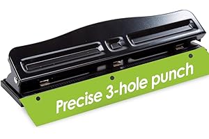 Desk Tech 3-Hole Punch, Durable Paper Punch with Integrated Ruler and Paper Guide, School and Office Supplies, Black, 11.5" L
