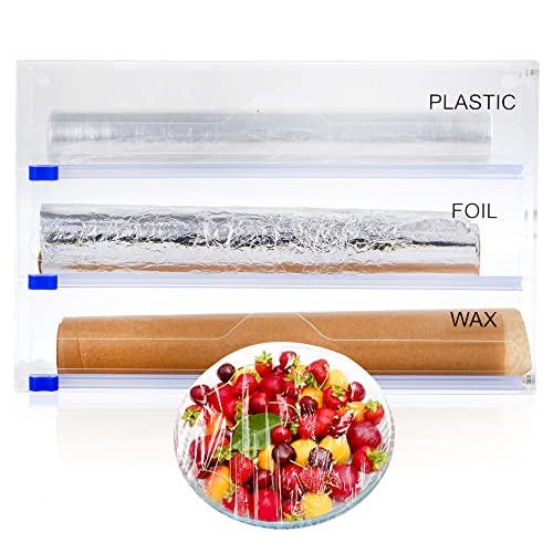 YOC Wrap Dispenser, Clear Acrylic Foil, Wax Organizer with Slide Cutter, Suitable for Wall Mounting or Kitchen Drawer, Compatible with 12 Inch Rolls (3 in 1 Wrap Dispenser)