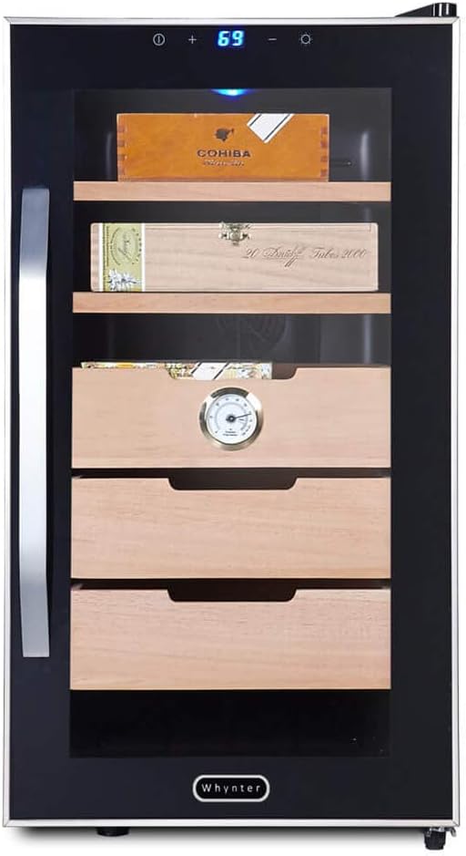 Whynter CHC-172BD Elite Touch Control Stainless 1.8 cu.ft. Cigar Humidor, Stainless Steel Trimmed Glass Door with Sleek Black Cabinet, Holds Up to 350+ Cigars, Freestanding Setup