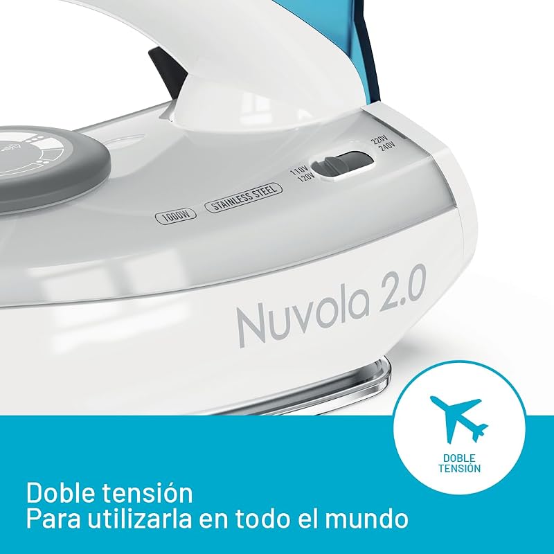 Nuvola 2.0 - Plancha de vapor de viaje - Suela de acero inoxidable - 1000 vatios - Compacta y ligera - Mango plegable - Maletín de viaje - Doble voltaje - Carrera de vapor 80 g