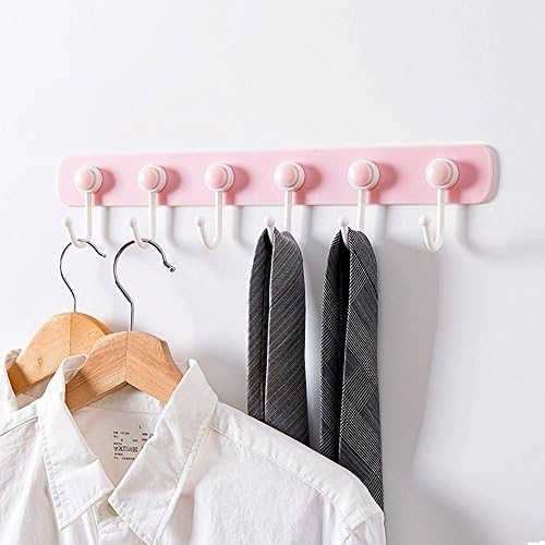 Self Adhesive Wall Hooks for Rented House Damage Free Strong Plastic Hanger 6-Hooks In One Row for Towel in Wash Room Kitchen Ware and Sundries Pink By Yuan She