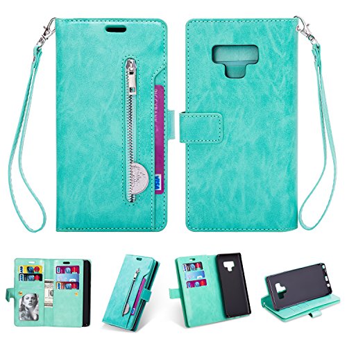 Samsung Note 9 Zipper Wallet Case with Card Holder, Ultra Slim Magnetic PU Leather Folio Flip Cover,Screen Protective Back Shell with Hand Strap for Galaxy Note 9 (2018 Release) (Green)