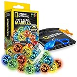 NATIONAL GEOGRAPHIC GID Marble Pack â€“ 25 Glass Marbles That Glow-in-The-Dark, with Storage Pouch & UV Keychain Light, Great for Use with Marble Run Sets