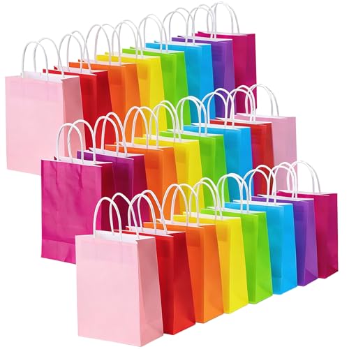 24Pcs Gift Bag Paper Bags Medium Multipack, Kraft Paper Party Bags Sweet Bags with Handles Colourful Gifts Bags for Birthday,Wedding,Parties 21x8x15cm 8 Colors