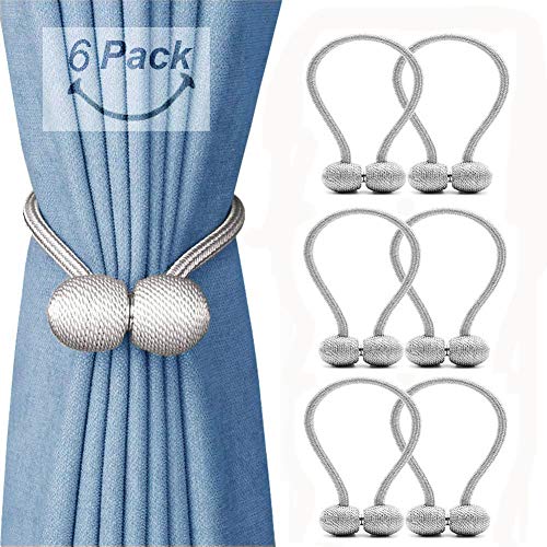 SmallDot Magnetic Curtain Tiebacks, [Pack of 6] Drapery Hooks Holdbacks Holders with Strong Magnet for Window Sheer Blackout Panels, 16 Inch, Grey
