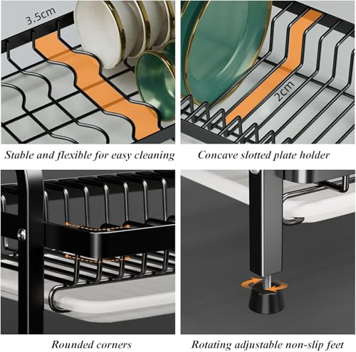 Nyganmelloz 2-Tier Stainless Steel Dish Drying Rack, Dish Drainer with Drip Tray & Utensil Holder, Multifunctional Countertop Organizer with Cup, Cutting-Board, Plate Holder for Kitchen Sink, Black
