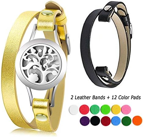 Essential Oil Diffuser Bracelet Aromatherapy Locket 2 Leather Bands 12 Color Pads Women Jewelry Gifts Set (Family tree diffuser bracelet)