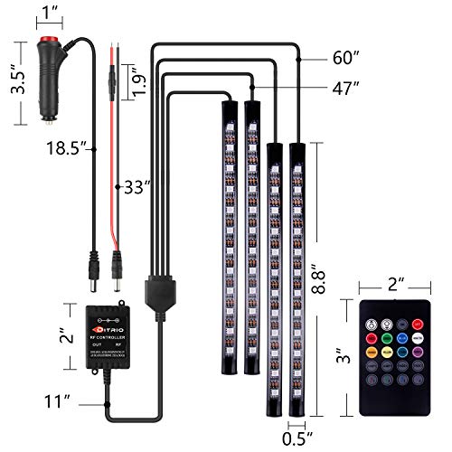 DITRIO 4x12LED interior lighting car light bar multicolour LED strip with remote control and car charger DC 10-15V - Thumbnail 5