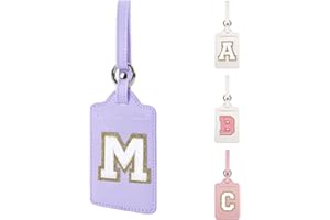 XSUIOY Personalized Initial Luggage Tags for Suitcases, Leather Chenille Letter Cute Luggage Tags with Privacy Name Card, Embroidered Travel Bag Backpack Tags Gifts for Women Kids Girls Teens(Purple-M)