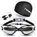 Peacoco Swim Goggles with PU Swim Cap,Swimming Goggles Anti Fog Waterproof for Men Women Adult Youth Kids UV Protection with Earplugs,Nose Clips and Case