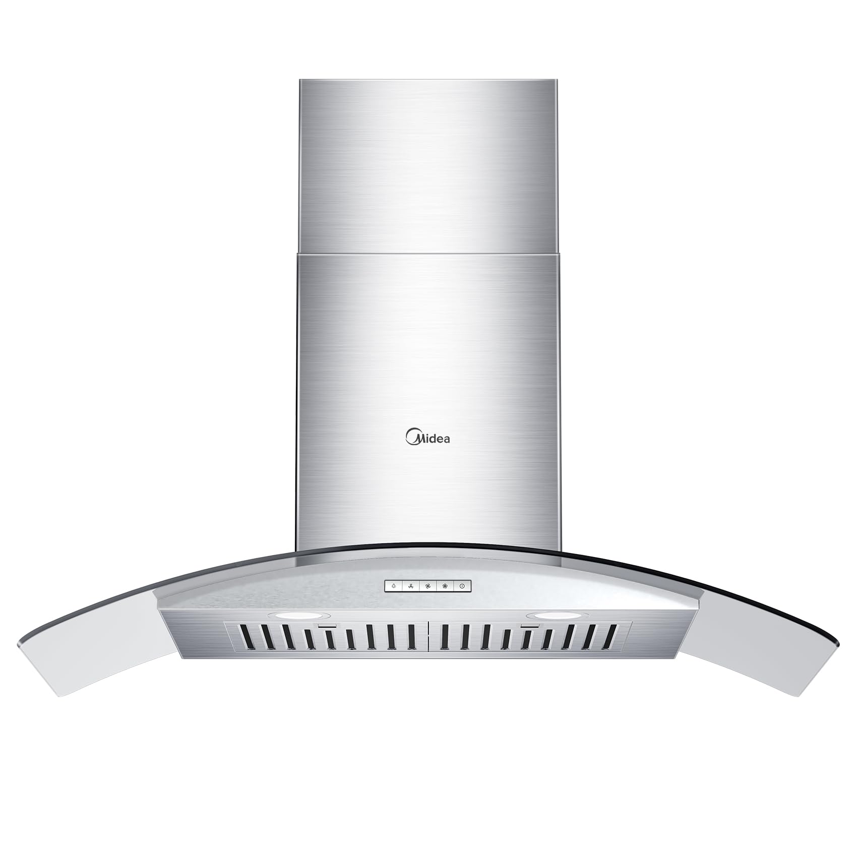 Midea Range Hood 30 Inches Ducted Wall Mount Vent Range Hood with 450 CFM 3 Speed Exhaust Fan, Baffle Filters, Curved Glass, 2 LED Lights, Convertible to Ductless, Stainless Steel