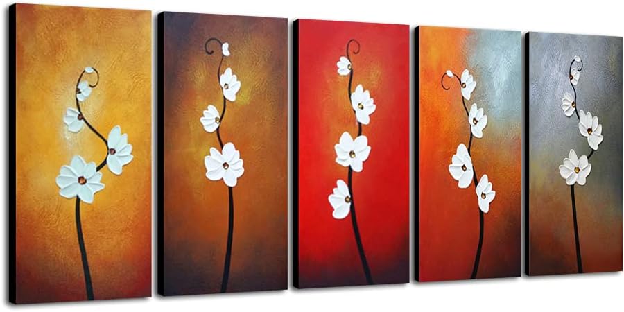 Paintings - Wieco Art Colorful Flowers Oil Painting on Canvas Wall Art Ready to Hang for Living Room Bedroom Home Decoration Modern 5 Piece 100% Hand Painted Gallery Wrapped Contemporary Abstract Floral Artwork