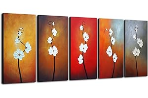 Wieco Art Colorful Flowers Oil Painting on Canvas Wall Art Ready to Hang for Living Room Bedroom Home Decoration Modern 5 Piece 100% Hand Painted Gallery Wrapped Contemporary Abstract Floral