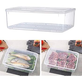 Womdee Food Storage Container, Plastic Food Storage Container with Removable Drain Plate and Lid, Stackable Freezer Storage Containers Keep Fresh for Storing Fish, Meat, Vegetables and More