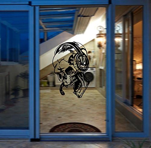 BIBITIME Wearing Headphone Shouting Skull Wall Decal Halloween Vinyl Sticker for Living Room Sofa Couch Background Decorations PVC Shop Showcase Home Party Decor