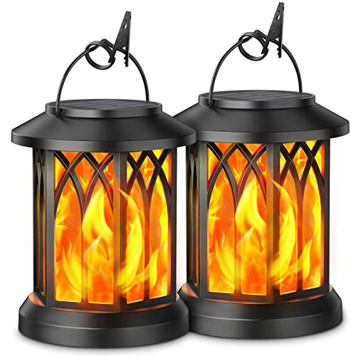 Gearlite Set of 2 Garden Solar Lights for Hanging Outdoors, Solar Lanterns with Realistic Flame Effects, IP65 Waterproof, Lights with Clips, for Yard, Halloween, Garden Decoration, Balcony
