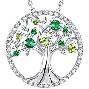 ELDA & CO. May Birthstone LC Green Emerald Necklace for Women Teen Girls Birthday Gifts Green Peridot Sterling Silver Tree of Life Pendant Necklace for Her Love Family