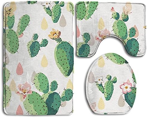 3 Piece Bath Non-Slip Cacti Set Flannel Lid Bath Mat, Contour &amp; Seat Cover Absorbent Bathroom Mat Set With Lantax Backing