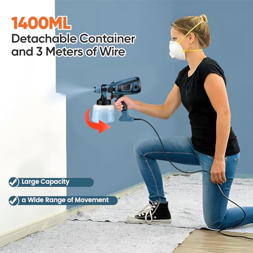 Paint Gun, 800W Electric Paint Sprayer, 4 Copper Nozzles with 1400 ml Capacity Sprayer, Suitable for Walls, Fences, Wood and Ceilings (Blue)