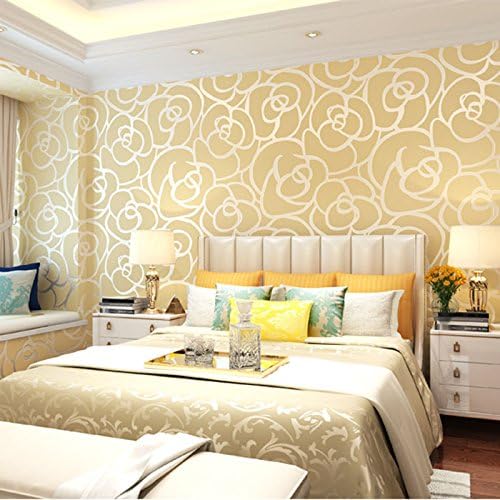 KeTian High-Grade Rose Flower Pattern Thick PVC Flocking Deep Embossed Textured Living Room Bedroom Wallpaper Roll Beige Color 0.53m (1.73' W) x 10m(32.8'L)=5.3m2 (57 sq.ft)