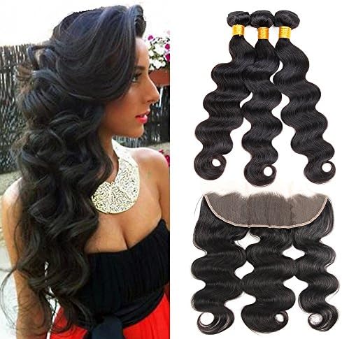 Levergreen Body Wave 3 Bundles with Frontal 8A Brazilian Hair Unprocessed Virgin Human Hair Extensions with 13x4 Ear To Ear Lace Front and Closure with Baby Hair Natural Black (10 12 14+10)