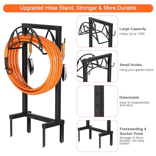 VyGrow Garden Hose Holder, Freestanding Heavy Duty Water Hose Holder for Outside, Upgraded Metal Hose Stand with 4 Spikes, Detachable Garden Hose Storage Hose Reel Rack, Black