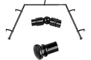 TONIAL Bay Window Curtain Rods, 36 to 72 Inch Center Rod for window, 20 to 36 Inch Side Rods for windows 3/4 Inch Decorative Drapery Rods with Small Cap Finial, Light Black