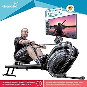 Skandika Water Rowing Machine Nemo IV, Home Fitness Rower with Adjustable Water Resistance, Double-Rail Construction with Bluetooth, Kinomap, Multi-functional Computer + Tablet Holder