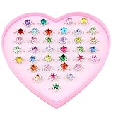 Fineder 36pcs Colorful Rhinestone Gem Rings in Box, Adjustable Little Girl Jewel Rings in Box Children Kids Little Girl Gift, Girl Pretend Play and Dress up Rings