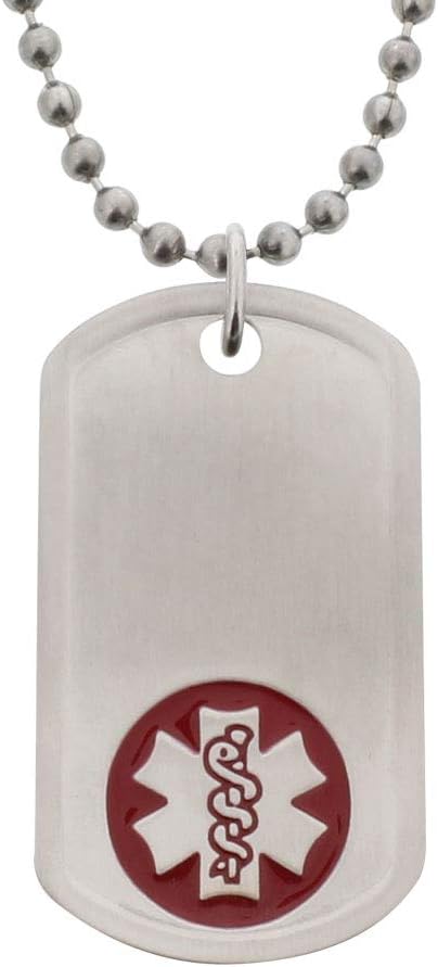 American Medical IDPersonalized Medical ID Alert Dog Tag with Red Medical Symbol. 27" Necklace Chain. Custom Engraved with Medical Conditions, Allergies, Emergency Contacts for Prompt Medical Care