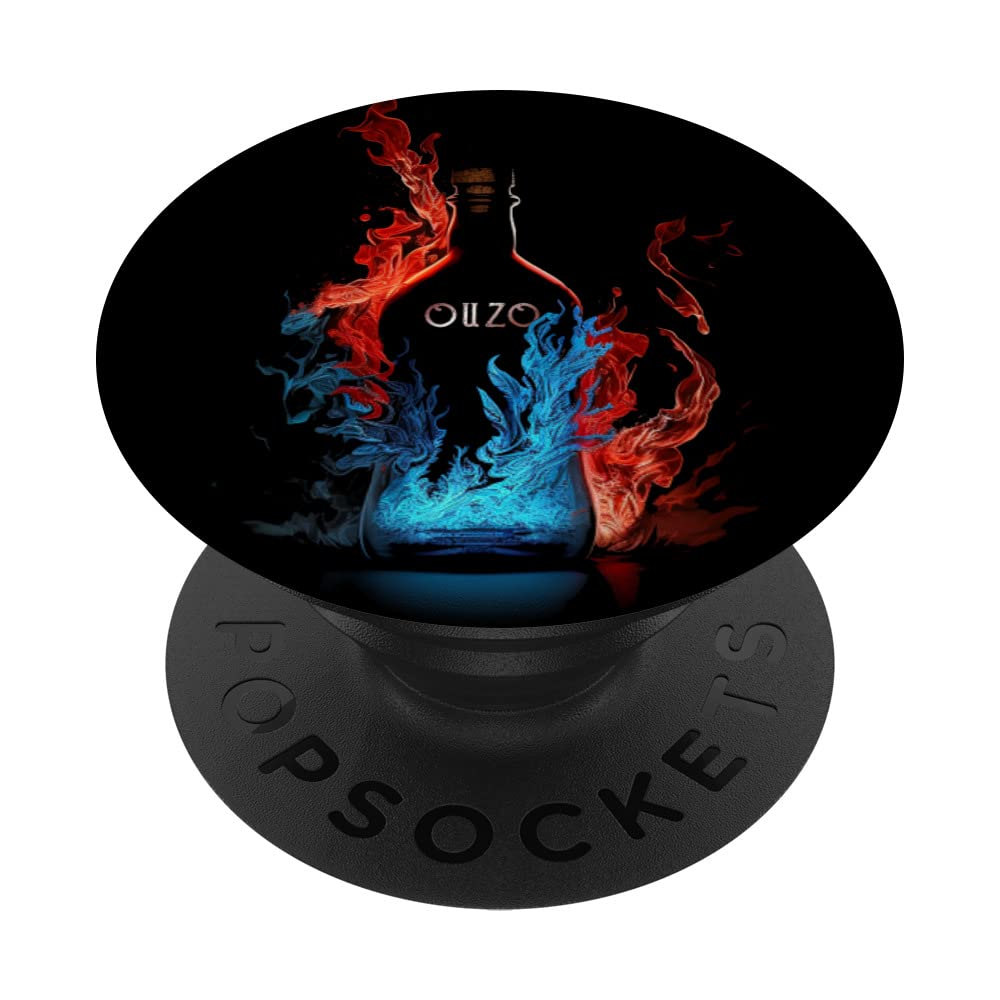 Ouzo Bottle Flames Blue Red Fire Greek Liquor PopSockets Swappable PopGrip