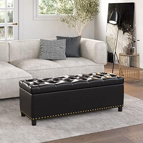 BELLEZE 47 Inch Storage Ottoman, Tufted Ottoman Faux Leather Storage Bench with Safety Close