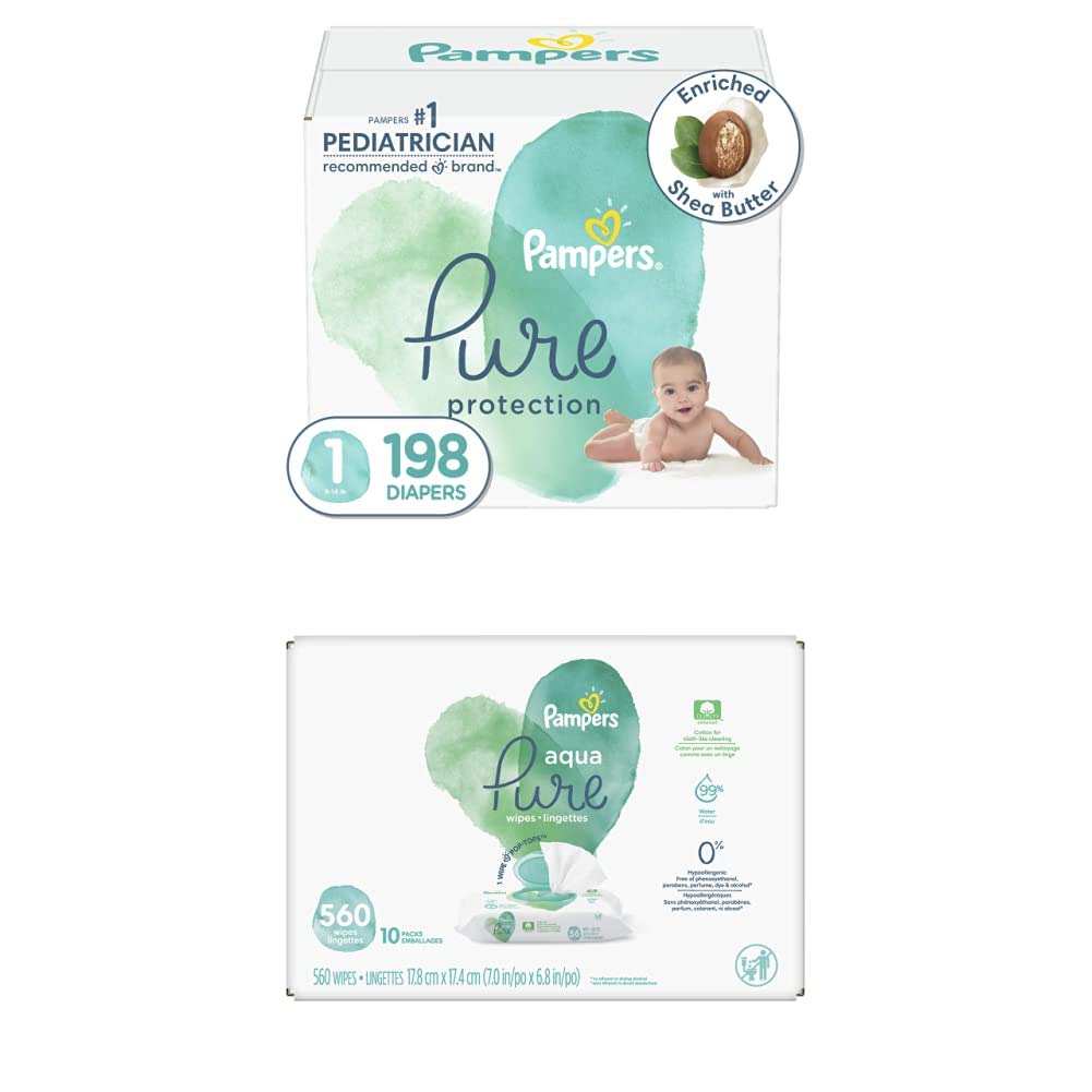 Diapers Size 1, 198 Count and Baby Wipes - Pampers Pure Protection Disposable Baby Diapers, Hypoalle