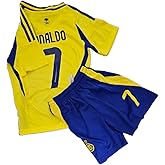 1 Stop Soccer Ronaldo CR7 Jersey Kids Uniform AL NASSR Fc Saudi Arabia Blue and Yellow