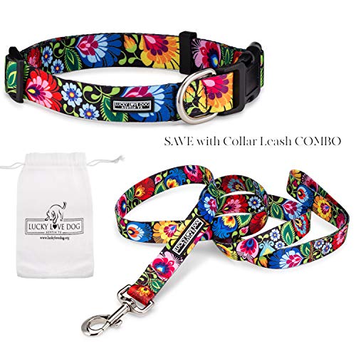 Lucky Love Dog Collars | Vivid Floral Girl or Boy Dog Collar & Leash Set for Small Dogs – Blackbird, Small
