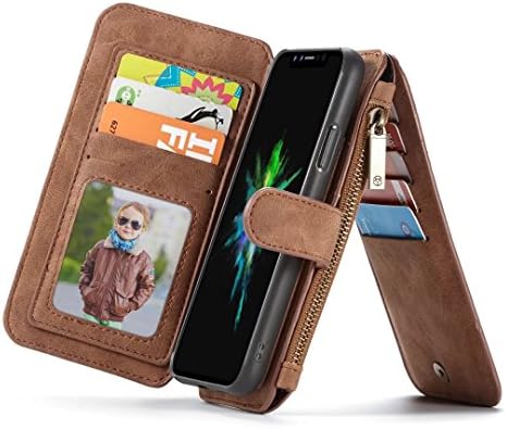 iPhone X Case,Genuine Leather iPhone X Wallet Case Zipper with Removable Magnetic Flip Back Cover Case,Zipper Purse Stand with 14 Card Slots and Folio Back Cover with Perfect Retail Package (Brown)