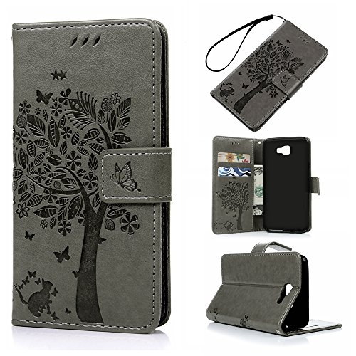 J5 Prime Case,Galaxy J5 Prime Case - Wallet Case Folio Stand Case 3D Embossed Tree PU Leather Case Shockproof TPU Inner Bumper Card Slots Hand Strap Slim-Fit Protective Cover by Badalink - Gray